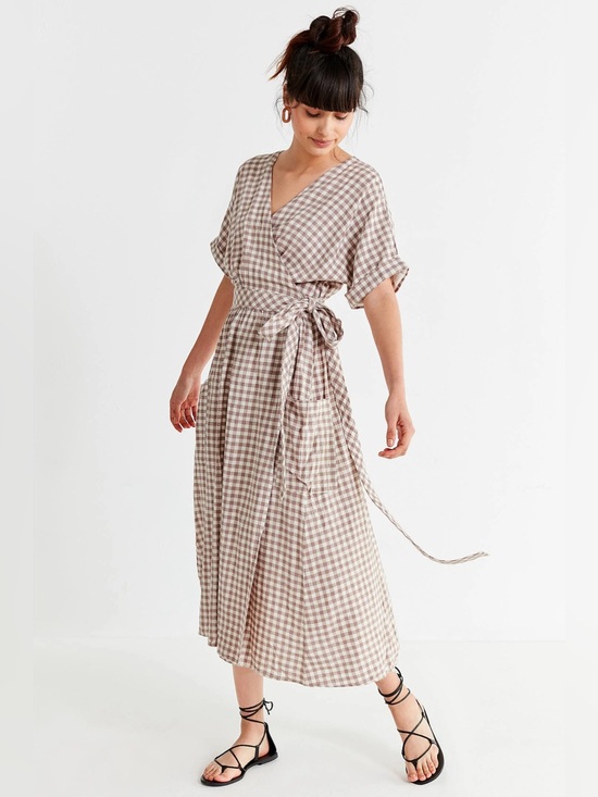 Urban Outfitters Dresses & Skirts - Urban Outfitters Gabrielle Linen Wrap Midi Dress Medium Tan Gingham